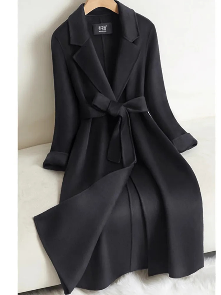 Black Doublesided Cashmere Jacket Womens Long Coat 2025 Autumn Winter Temperament Wool Coats Female Belt Long Overcoat 251029