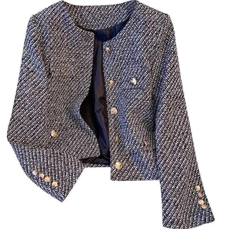 Small Fragrant style Tweed Jacket Womens Spring Autumn 2025 New Slim Round neck Temperament Jackets Female Short Outwear Tops Y251105