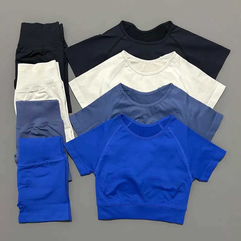 2 Piece Women Yoga Suit High Elastic Seamless Sportswear Slim ShortSleeved Top High Waist Leggings Running Workout Sports SetXJ251029