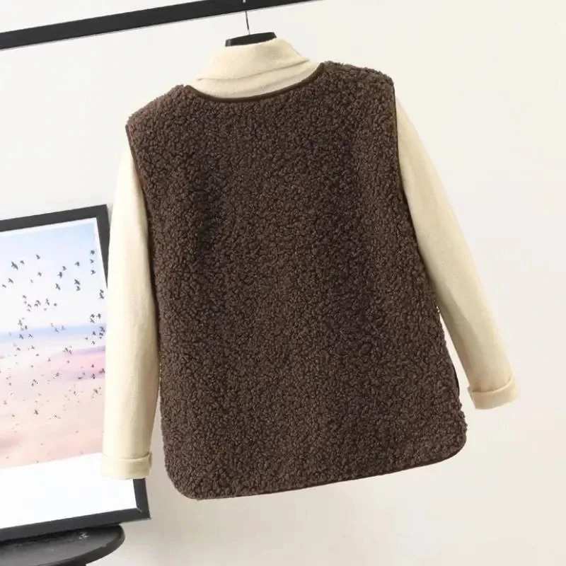 Lambs Fleece Vests Jacket Spring Autumn Women Button Waistcoat Winter Warm Fleece Sleeveless Outwear Female 251029