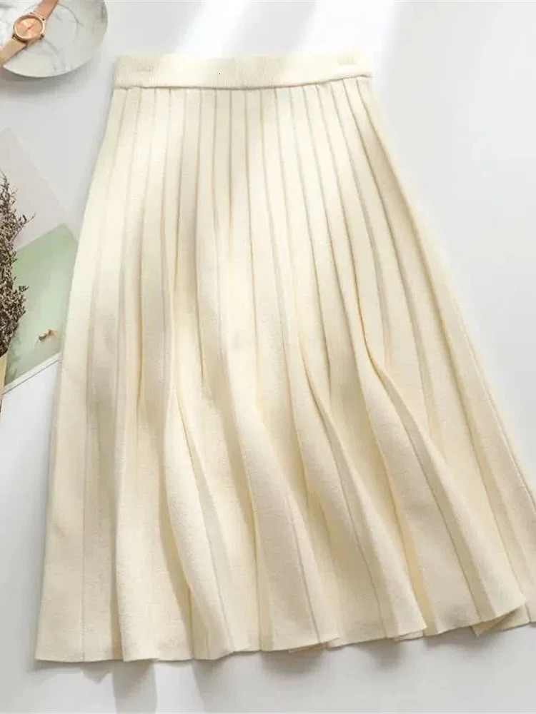 Women Knitted Midi Skirt Elegant Black ALine High Waist Pleated Long Skirt Korean 2024 Spring Autumn Winter Faldas Femme Jupes 251028