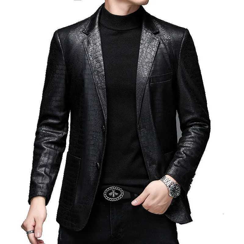 Mens Casual Spring Autumn Vintage Soft Faux Leather Jackets Male Classic Slim Fit Crocodile Pattern Suit Black Blazers CoatsT251029
