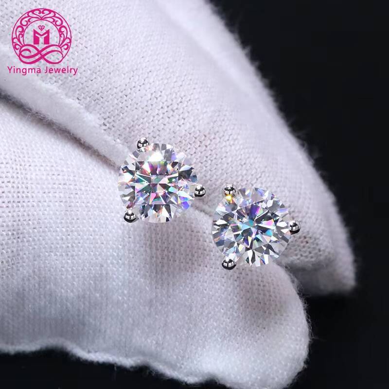 Fast Delivery Fine Jewelry 2 Carats Moissanite round Cut 14K Solid White Gold Earrings Trendy Three Prongs Design for Weddings