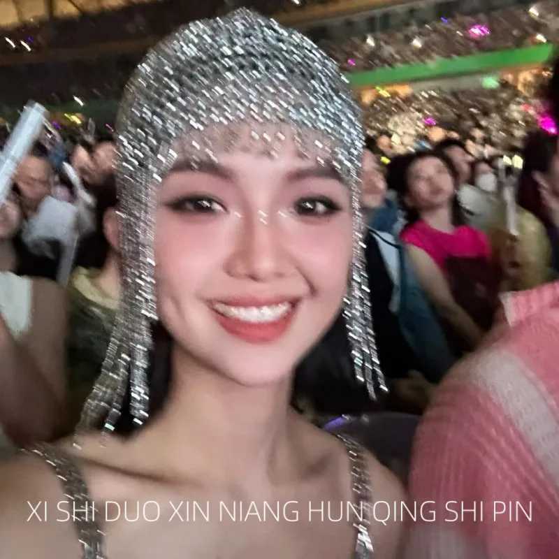 New European and American fashion stage super flash fringed hat personality exaggerated design evening dress exotic performanceW251029