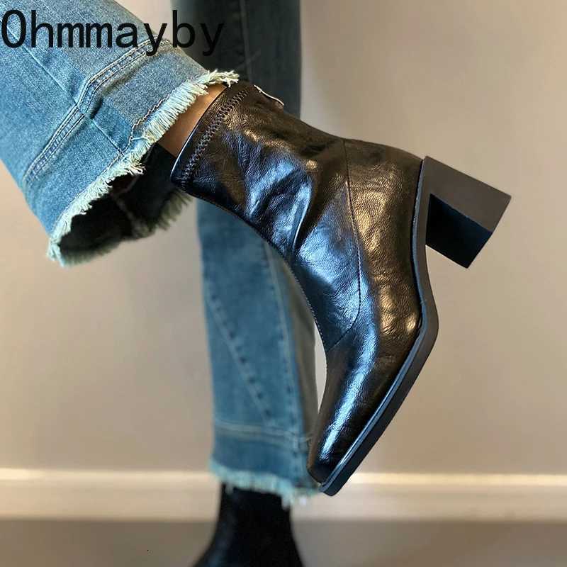 Autumn Vintage Elastic Slim Women Ankle Boots Fashion Soft Leather Shoes Ladies Elegant Thick Heel Mordern Short Booties Z251029