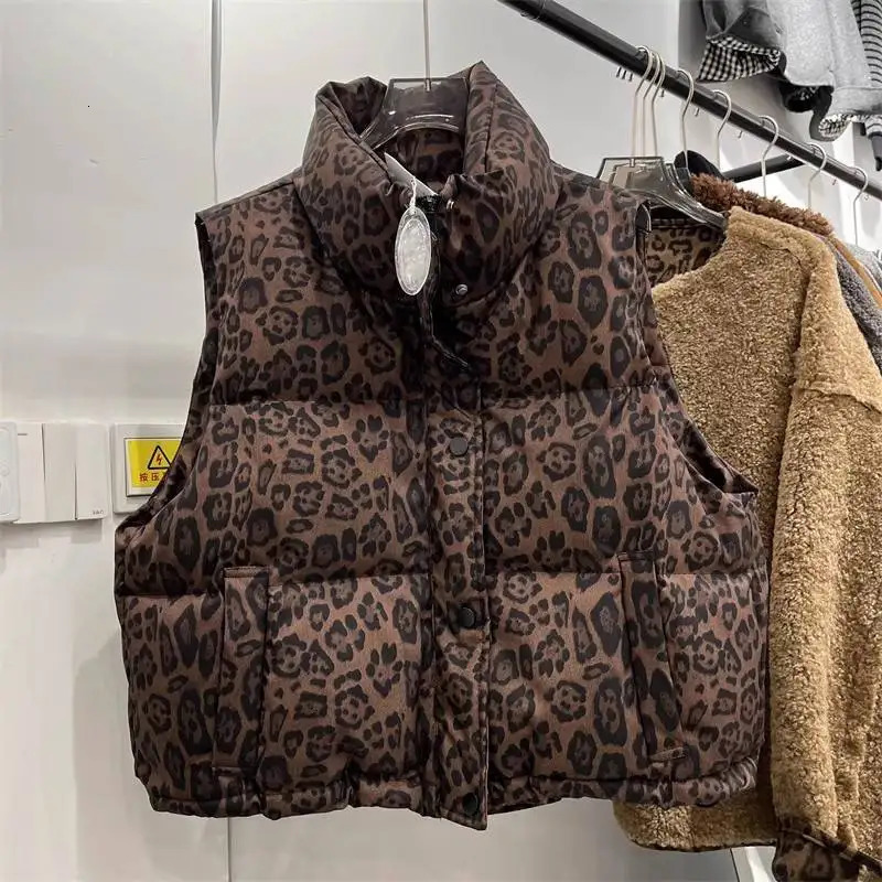 Korean Vest Womens Short Fashionable Autumn Winter Standing Collar Leopard Print Wide Jacket 251027