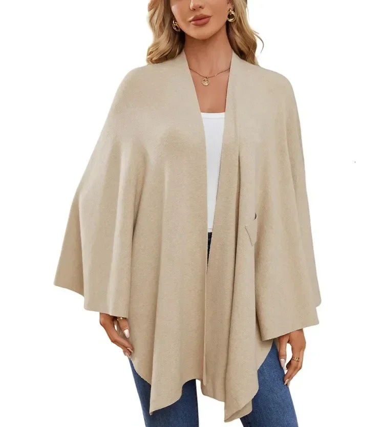 Elegant Shawl Wraps Soft Open Front Poncho Sweater Women Loose VNeck Cape Casual Solid Color Soft Open Front Poncho Bat Shirt 251029