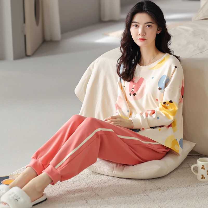MIIOW Cute Lazy Style Pajamas Set Cotton Womens Homewear Long Sleeves Pants Sleepwear Sets Comfortable Loose Soft NightwearsT251029