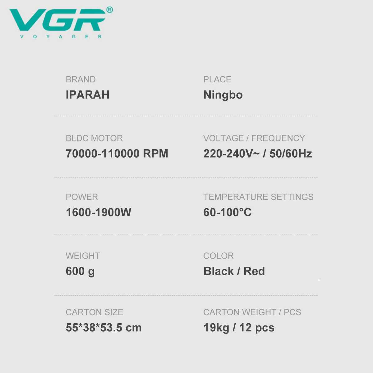 VGR Hair Dryer Professional BLDC Motor Barber Hair Dryer Machine 0000 RPM Powerful Negative Ion Hair Styling Salon Dryer V40 W251029