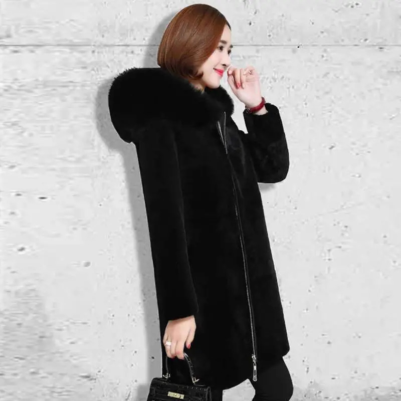 2025 Winter Faux Fur Jacket Black Hooded Parkas Coat Thicken Ladies Warm Long Overcoat 5XL Windproof Snow Outerwear Female 251029