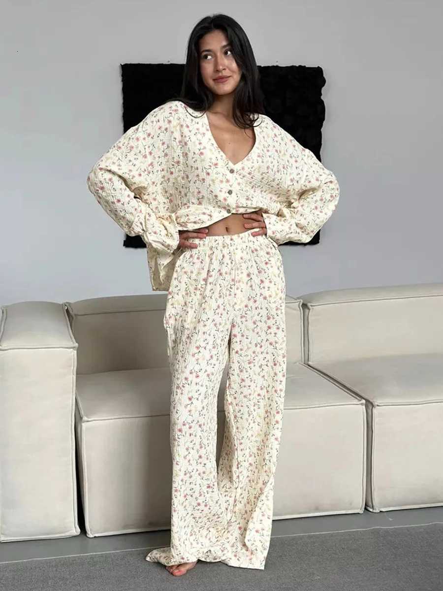 Muzuleva 100 Cotton Printed Cardigan Pajama Set Womens New Autumn Long Sleeved Pants Pajamas Loose Home Clothing 2piece SetT251029