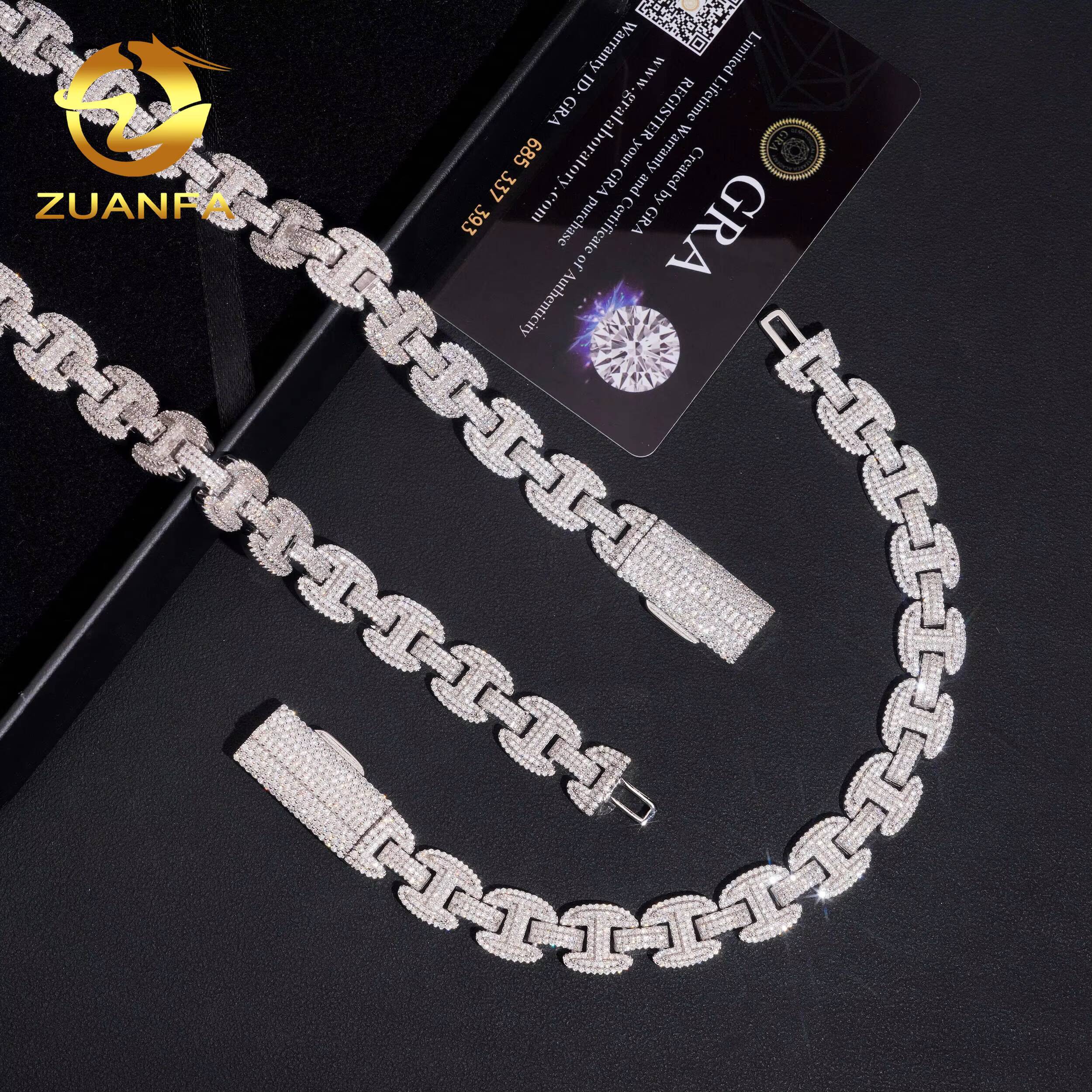 New Design 12mm Moissanite Chain H Shape Cuban Links Pass Diamond Tester 925 Silver Cuban Link Chain Necklace Rhoudium Plated