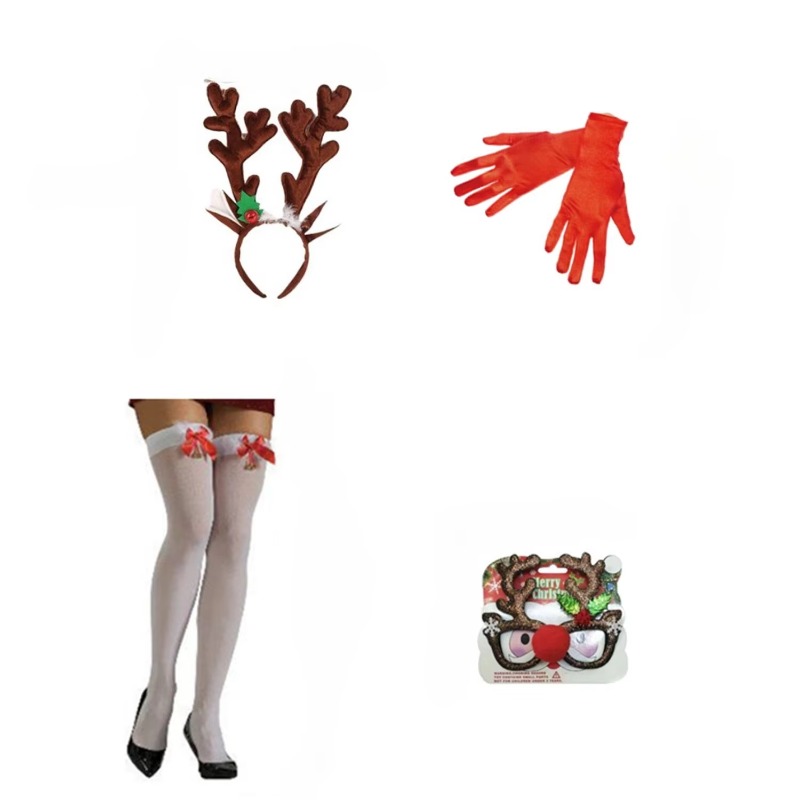 Four Christmas-themed costumes, including gloves, high socks and glasses, are perfect for Christmas party supplies and women's gifts