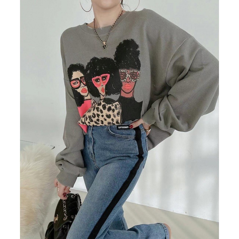 Designer Fashion Autumn/Winter Retro Personalized Round Neck Cartoon Printed Design Loose New Multi functional Long Sleeve Wool Women's Sweatshir