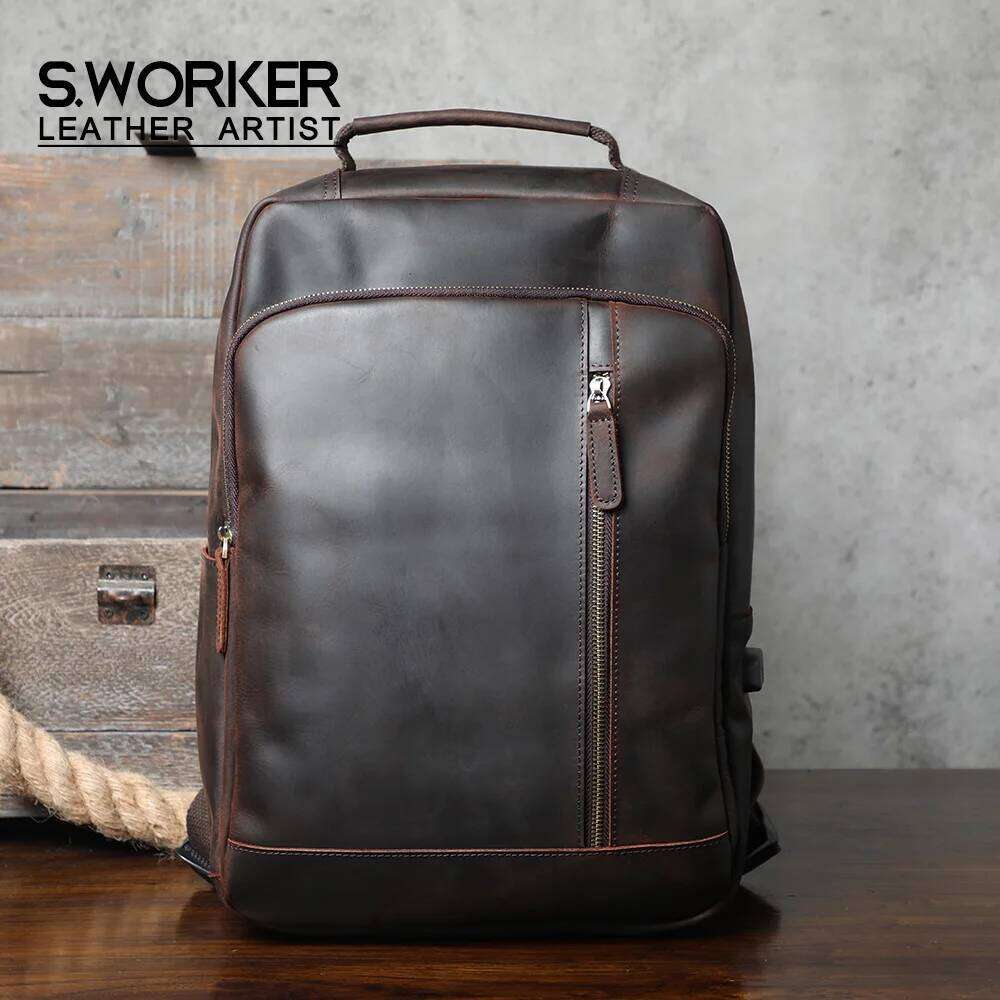 S.Worker Vintage Genuine Backpack Laptop Crazy-Horse Leather School Outdoor Travel Weekender Shoulder Bag