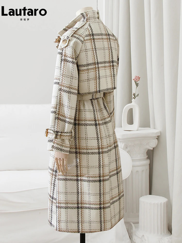 Lautaro Autumn Winter Long Loose Warm Plaid Wool Blends Trench Coat for Women Raglan Sleeve Belt Double Breasted Woolen Overcoat 251028