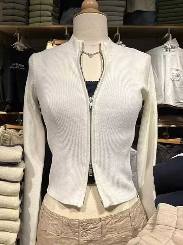 Solid Sexy Slim Knitted Cardigan Sweater Women Autumn Soft Cotton Double Zippers Crop Top Vintage Simple Sweet Cardigan Tops Y2kT251028