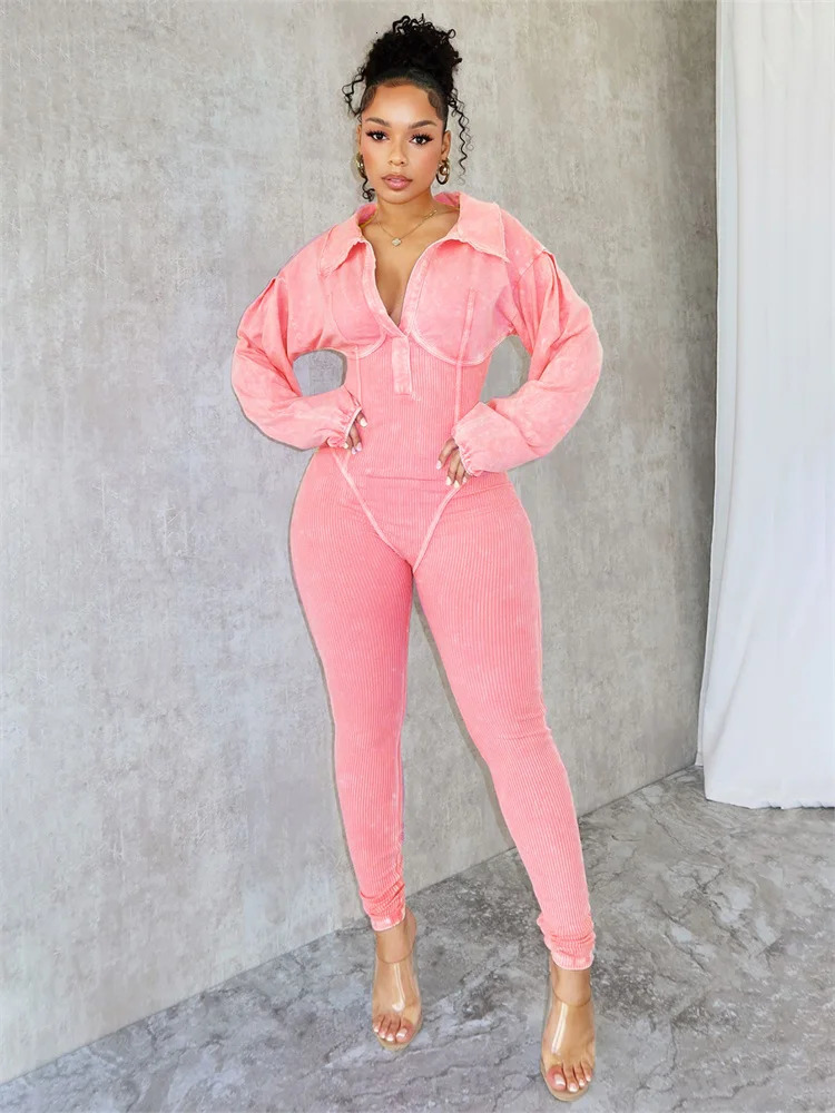 Weird Puss Washed Distressed Jumpsuit Women Ribbed VNeck Solid SKinny Long Sleeve Fall Casual Trend Simple Activity Streetwear 251027