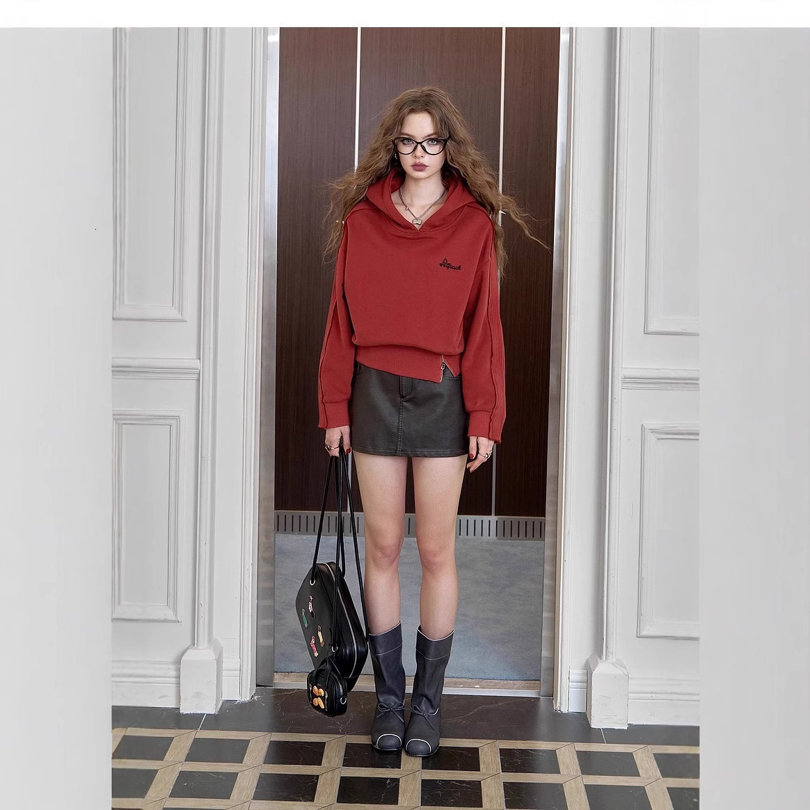 Designer Fairy Pocket Angora Red Hooded Women's Sweatshirt Autumn New Short, Small and Thin Top