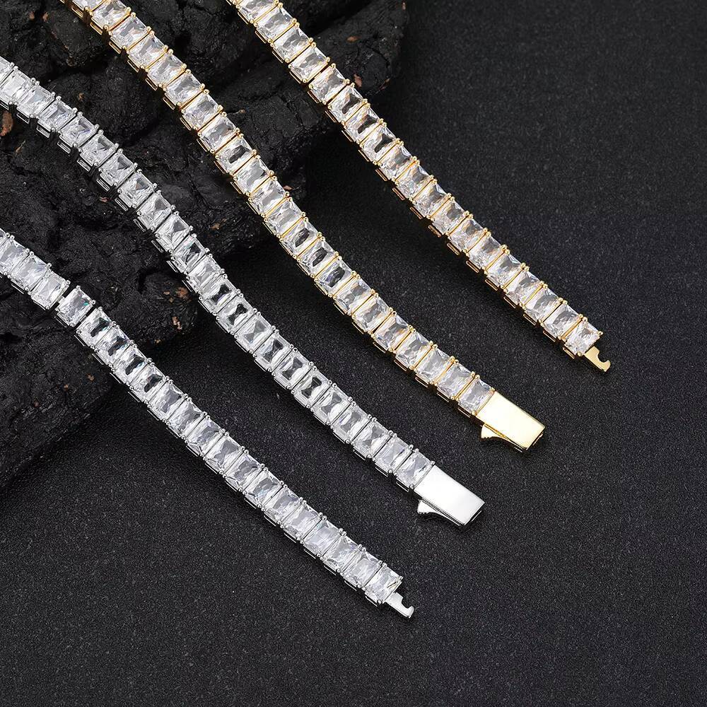 NUOYA Gold Plated 925 Silver Tennis Chain Necklace 6mm VVS Moissanite Rectangular Black Hip Hop Jewelry Iced Out Necklace Gift