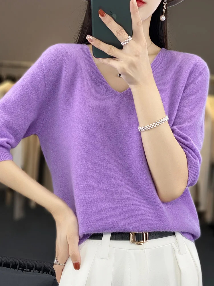 Women VNeck 100 Merino Wool Cashmere Tshirt HalfSleeve Pullover Sweater Spring Summer Knitwear Soft Fashion Comfortable Tops 251029