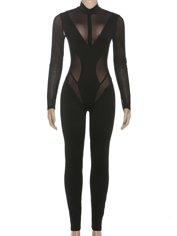 Sisterlinda Patchwork Jumpsuits Women High Neck Zipper Long Sleeve See Through Stretch Skinny Midnight Coquett Party Clubwear 251029