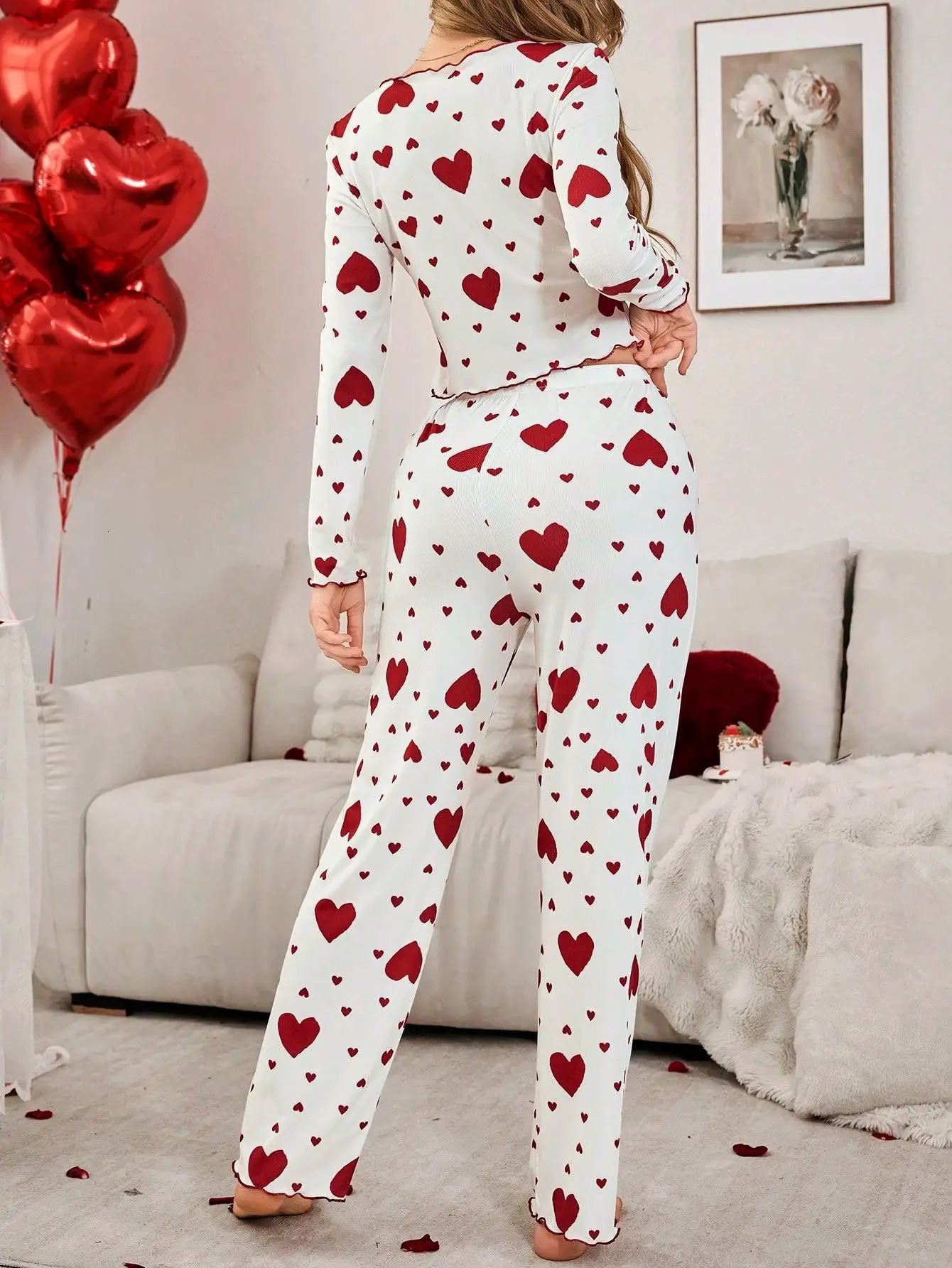 Autumn Winter 2 Pieces Pajamas Sets for Women Sleepwear Heart Print Long Sleeve Tops with Long Pants Trouser Set Pyjamas 251029
