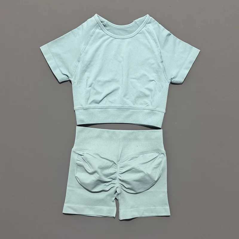 2 Piece Women Yoga Suit High Elastic Seamless Sportswear Slim ShortSleeved Top High Waist Leggings Running Workout Sports SetXJ251029