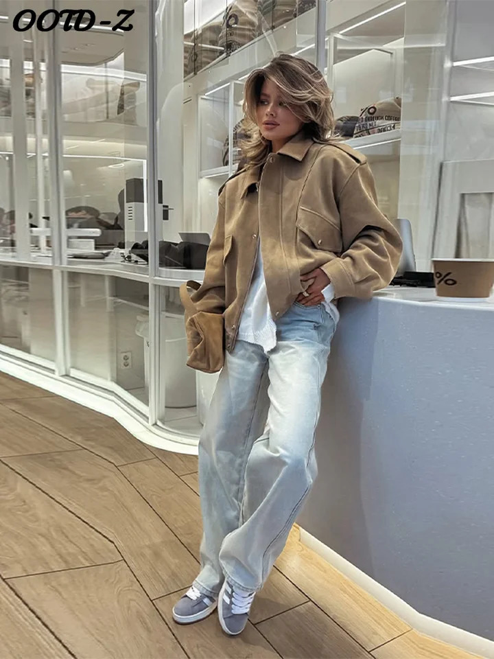 Retro Solid Suede Bomber Jacket Women Street Lapel Single Breasted Full Sleeves Zipper Pockets Coat Female Autumn Casual Outwear 251028
