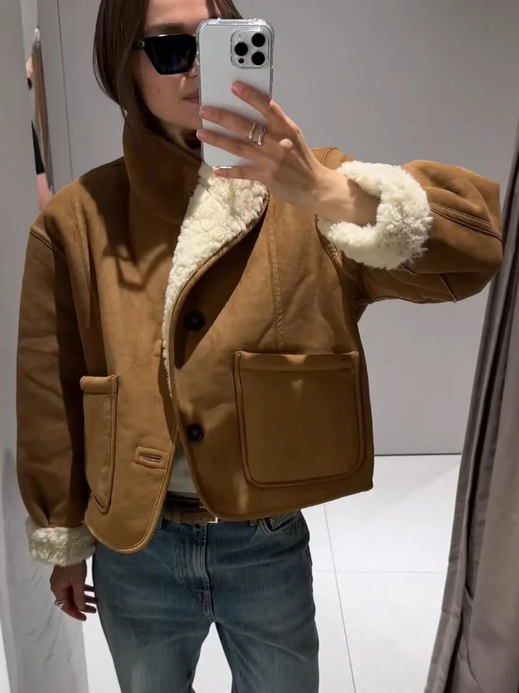 Winter Suede Faux Fur Reversible Jacket For Women Y2k Lapel Single Breasted Pockets Coats Lady Chic Warm Casual Outerwear 251028