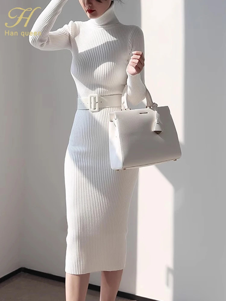 H Han Queen Knitted Turtleneck Sweater Bodycon Dress Bottoming Women Soft Elastic Autumn Winter Midi Party Dresses With Belt 251029