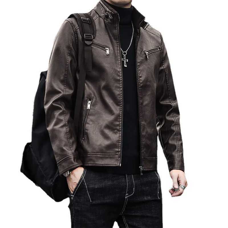 Mens PU leather jacket mens trendy youth stand collar punk mens motorcycle leather jacketT251029