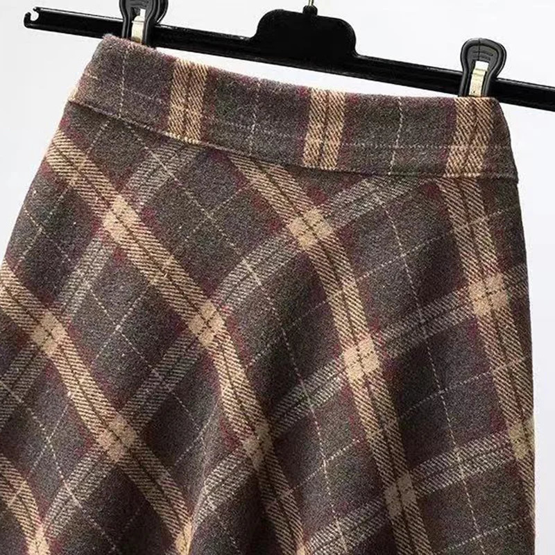 Rimocy Autumn Winter Woolen Skirt Women Korean Style Thick High Waist Long Skirt Woman A Line Pleated Plaid Skirt Female 251028