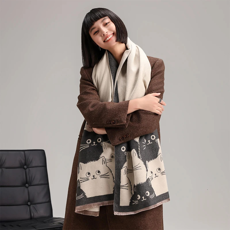 Fashion Cute Cat Ladies Jacquard Cashmere Scarf Winter Thick Warmth Shawl Coldproof Windproof Blanket 251013