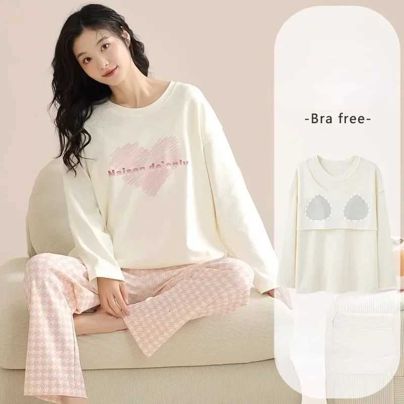 New Pajamas Chest Pads Womens Sleepwear Spring Autumn Long Sleeve Homewear Pullover Winter Loungewear Sets can be worn outsideT251029