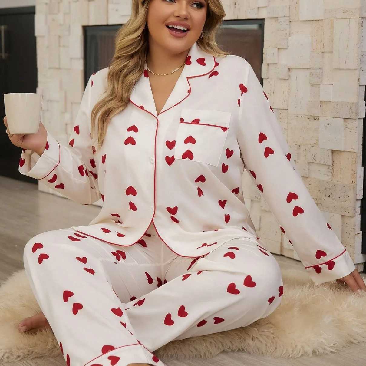 Largesize Pajamas Waffle Cardiga Longsleeved Trousers Sets Love Sweet Loungewear Pijama Big Size Womens Pajamas SleepwearT251029