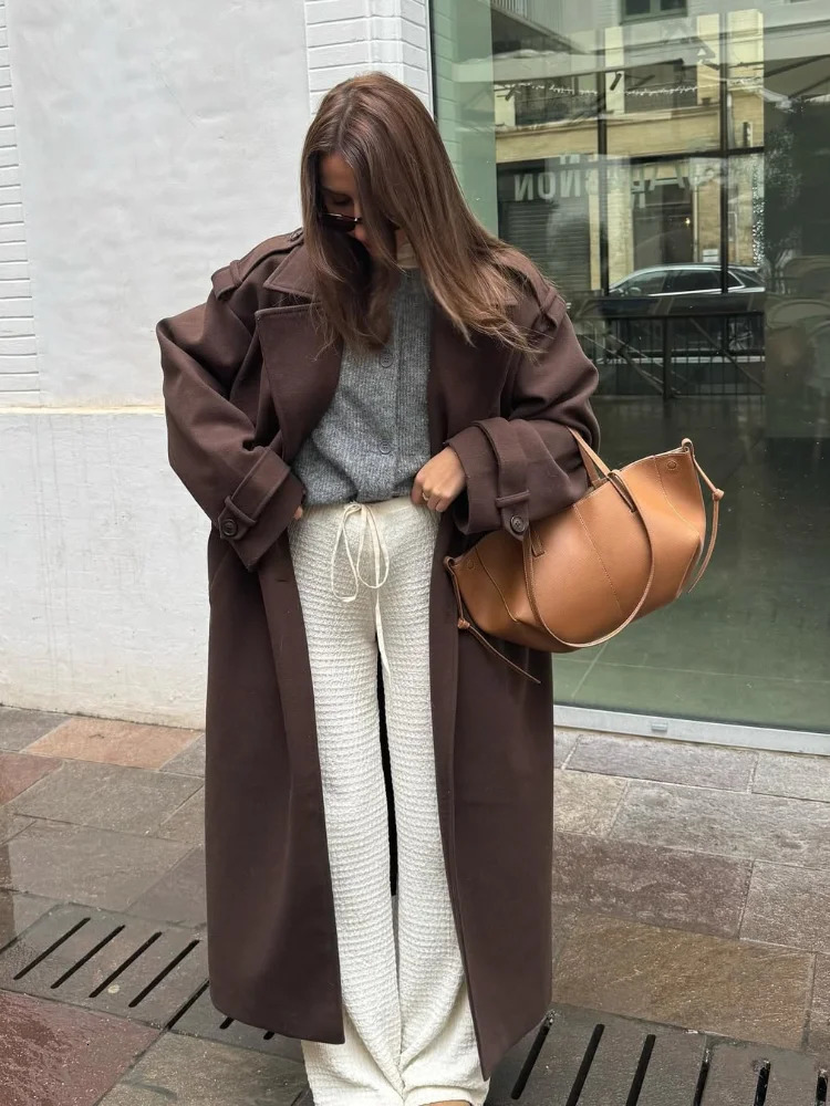 Fashion Belted Mini Maxi Overcoat For Women Elegant Lapel Wide Shoulder Single Breasted Jacket Lady Autumn Winter Outerwear 251028