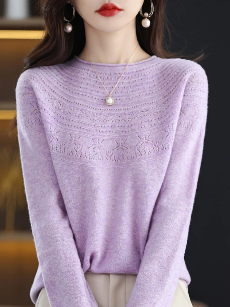 Women 100 Merino Wool Sweater Autumn Winter Pullovers ONeck Hollow Cashmere Knitwear Female Basic Bottoming Clothing Tops 251029