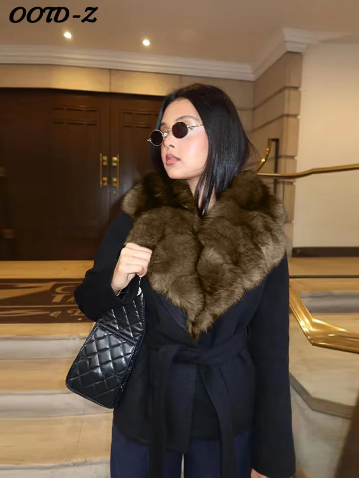Elegant Faux Fur Lace Up Woolen Coat Women Shawl Collar Belted Waist Full Sleeve Coats Female Autumn Winter Fashion Lady Outwear 251028
