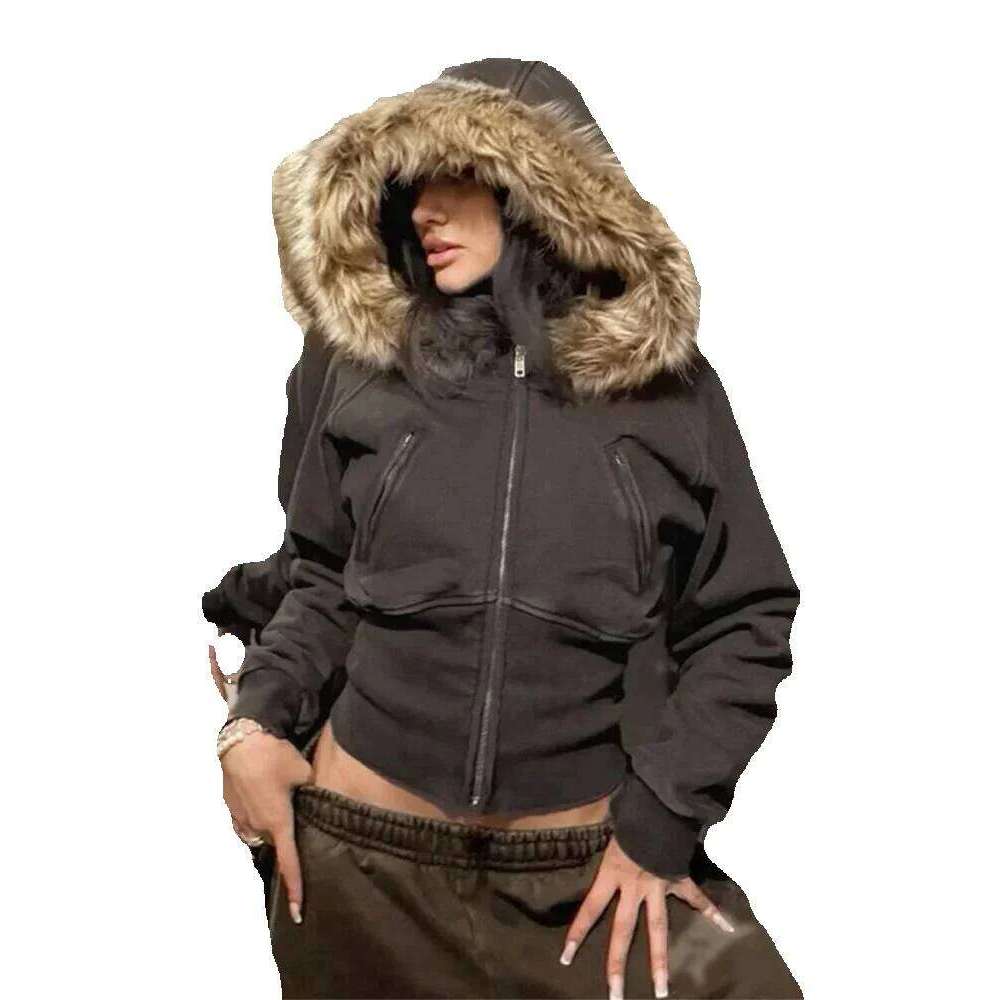 Fashion Solid Feather Hooded Short Jacket Women Zipper Pockets Full Sleeve Waist-closed Coat 2025 Autumn Lady New Street Outwear