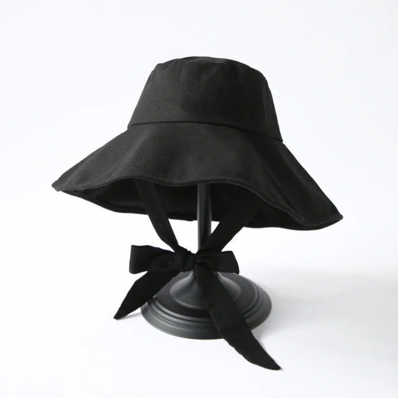 Summer Spring Japan Tie Bucket Hat Women Korean Big Brim Fisherman Hat Foldable Sunscreen Chic Cotton Linen Beach Sun Hat 251029