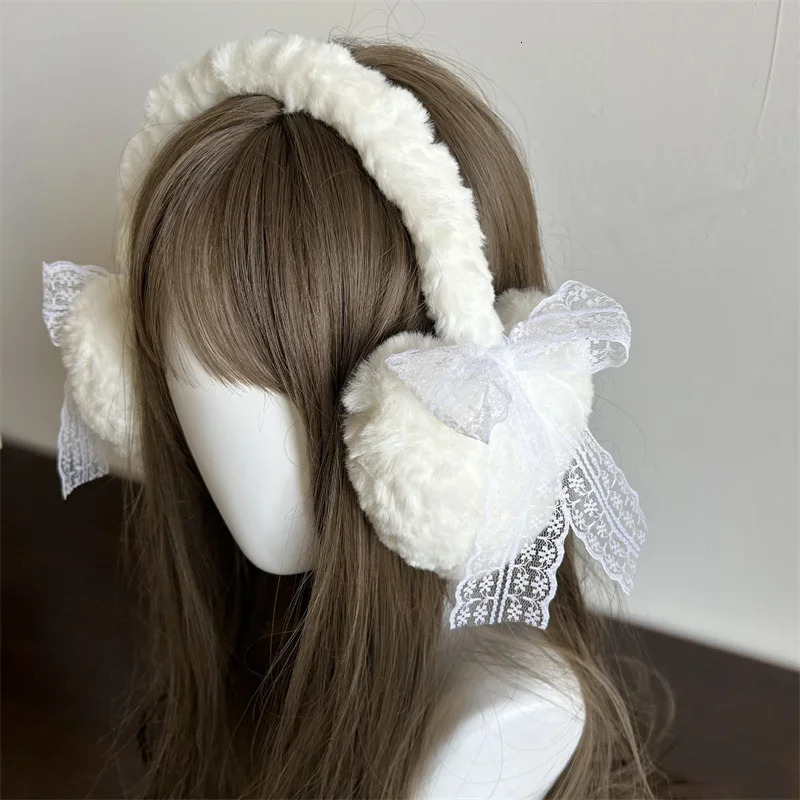 Winter Japanese Sweet Girl Cute Earmuffs lace Bow Plush Winter Warm Headwear Women Earplugs Cold Protection Love ear muffs 251029