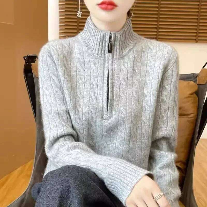Sweater Coat Women's Autumn Winter 2025 New Half-Open Zipper Knitwear Female Loose Twisted Collar Thick Pullover Top Lady Designer Sweater Women 