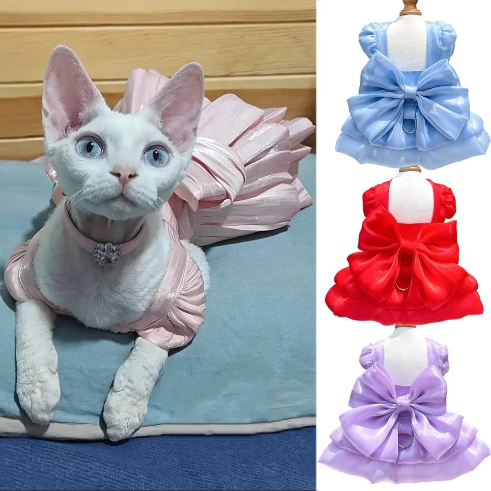 Fashion Sphynx Cat Full Dress with Bow Sweet Pet Wedding Dresses Clothes for Cats Gotas Kitten Skirt mascotas Costume vestidos 251029