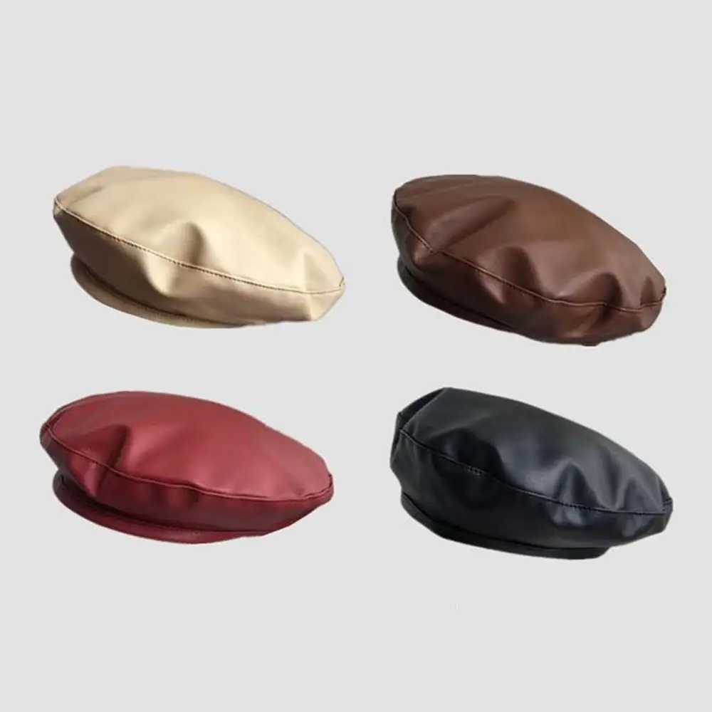 Vintage PU Leather Beret Hat French Retro Artist Beanie Hat Elegant Solid Color Lady Painter Cap Autumn Winter BeaniesW251029