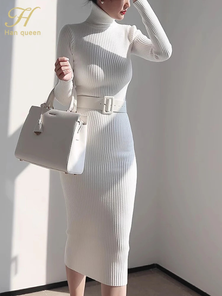 H Han Queen Knitted Turtleneck Sweater Bodycon Dress Bottoming Women Soft Elastic Autumn Winter Midi Party Dresses With Belt 251029