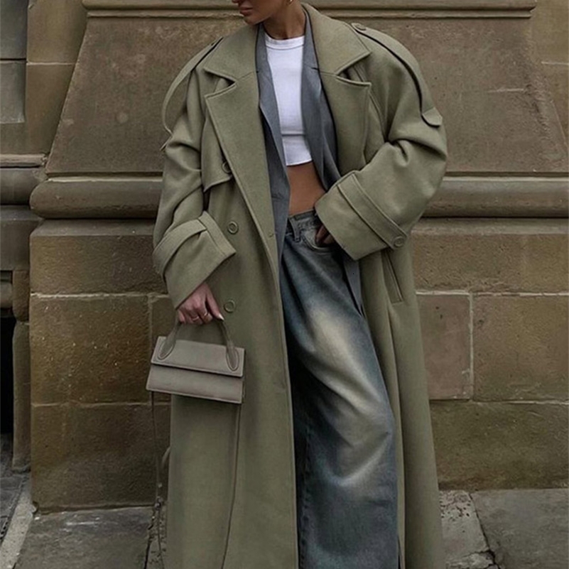 Urban Solid Double Breasted Long Women Coat Loose Full Sleeve Belt Double Breasted Female Jacket 2025 Autumn Winter Lady Top 251028