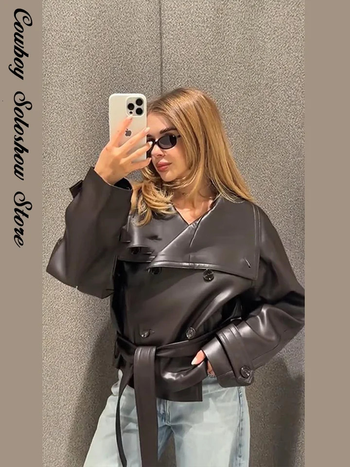 Street Womens Cropped Leather Jackets With Belt Lapel Double Breasted Pockets Full Sleeve Coat 2025 Autumn Lady Vintage Outwear 251029