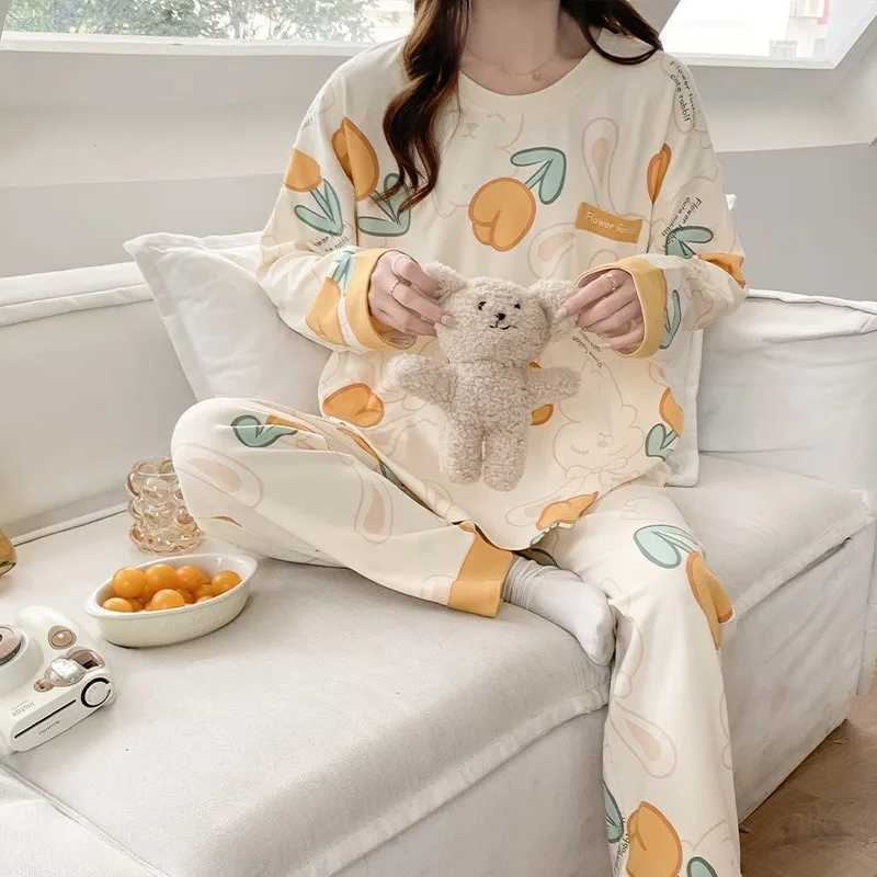 Fall and Winter Womens Nightwear Plus Size Cartoon Bear Student Pajamas Homewear Ladies Long Sleeves Plaid Pants SleepwearT251029