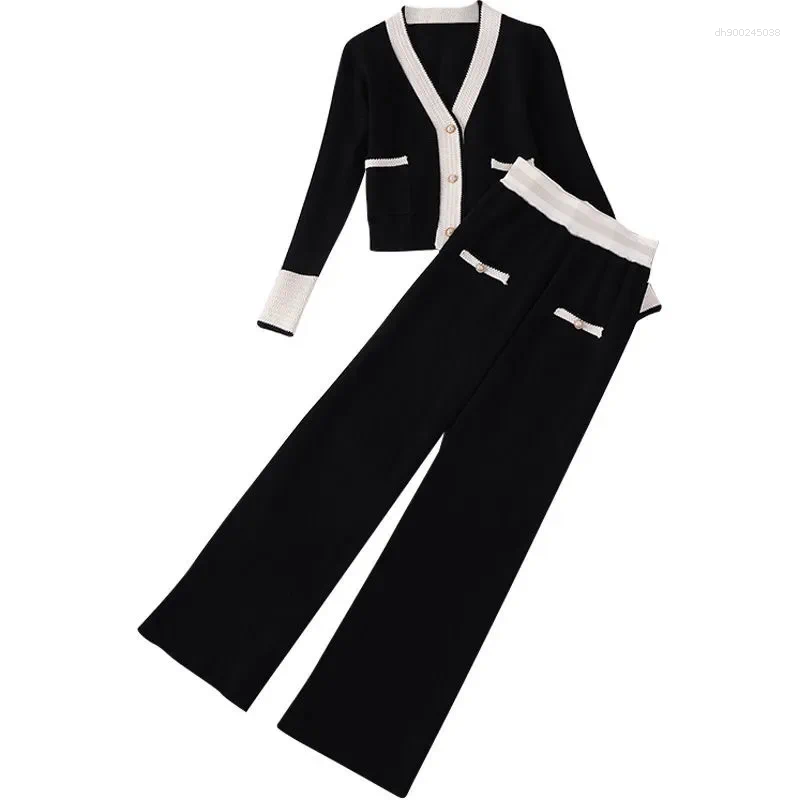 Women's Two Piece Pants Women Knitted Cardigan 2PCS Korean Female Solid Color Two-piece Set Spring Autumn Lady Fashion Leisure Wide Leg